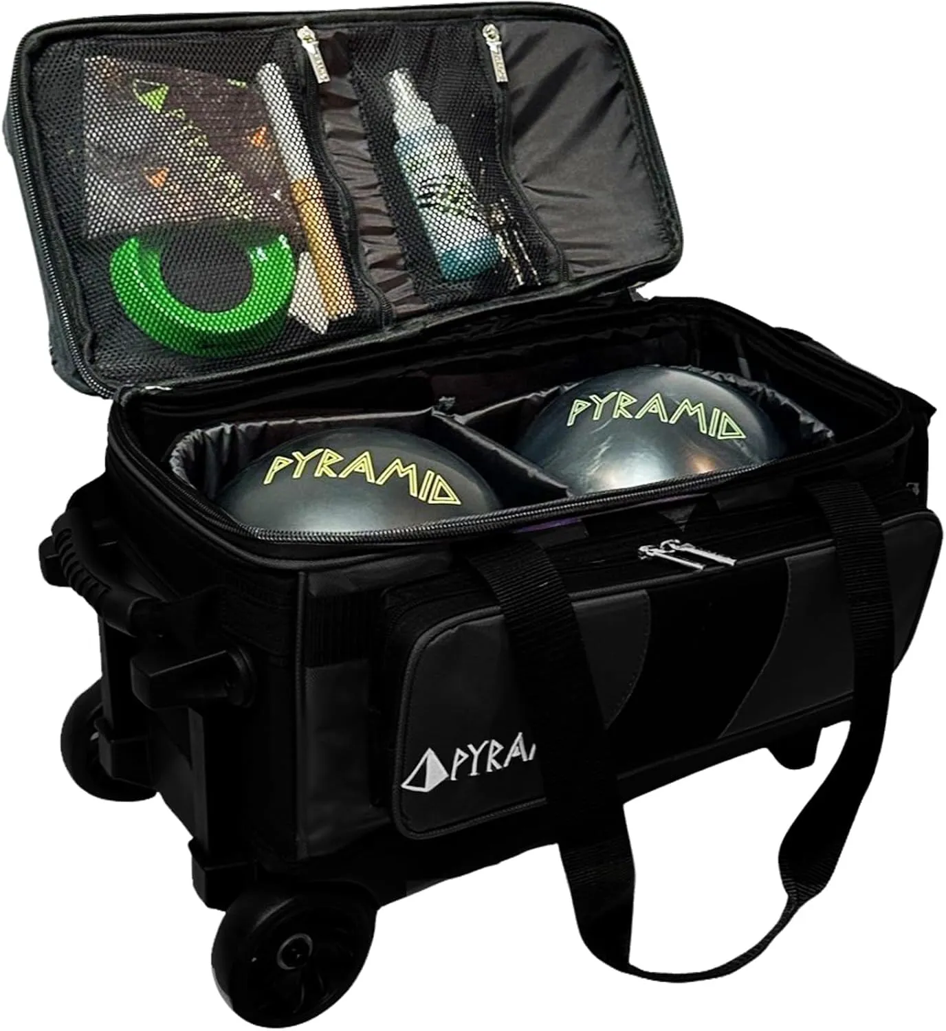 Pyramid Deluxe Double Roller 2 Ball Bowling Bag with Large Separate Shoe Compartment (Up To 2 Pairs Of Shoes) and Accessory Pockets, Sturdy Square Handle - Extends to 40" - Pro Options Available