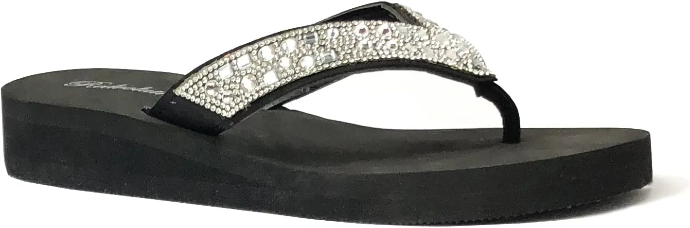 REDVOLUTION New Women's Rhinestone Sandals High | Low Platform T-Strap Jewel Sandals High Wedge Flip Flops