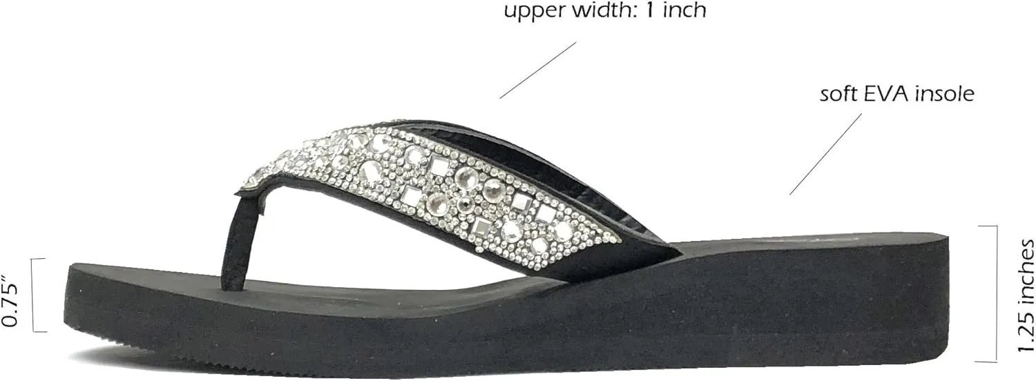 REDVOLUTION New Women's Rhinestone Sandals High | Low Platform T-Strap Jewel Sandals High Wedge Flip Flops