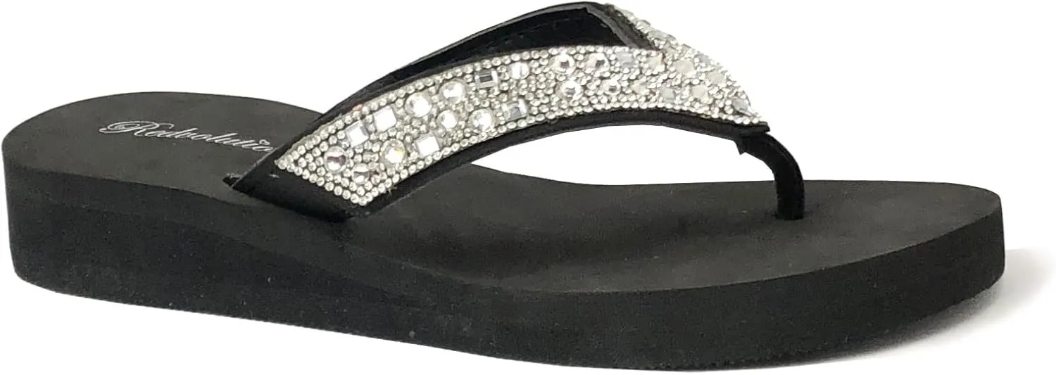 REDVOLUTION New Women's Rhinestone Sandals High | Low Platform T-Strap Jewel Sandals High Wedge Flip Flops