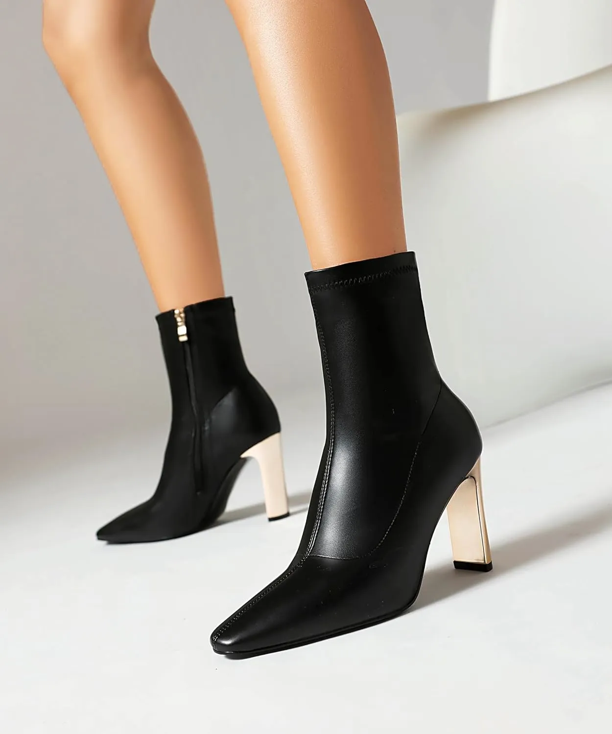 Reitoye Women's Mid Calf Boots Comfy Square Closed Toe Heel Boot Zipper Short Ankle Booties