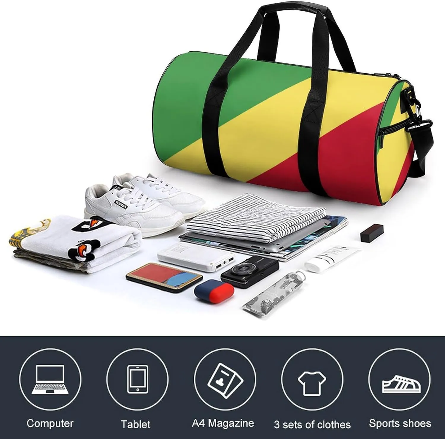 Republic Congo Flag Waterproof Gym Bag with Shoe Compartment Sports Duffel for Travel Beach
