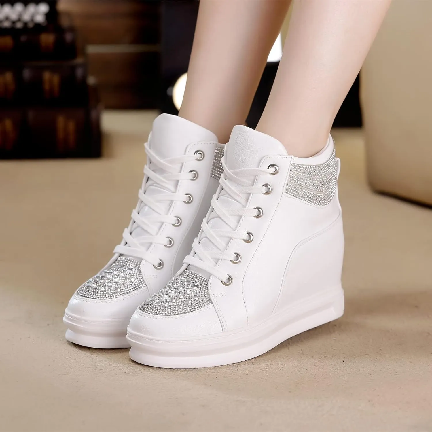 rismart Women's High Top Wedge Fashion Sneakers Glitter Lace up Ankle Bootie