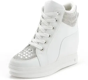 rismart Women's High Top Wedge Fashion Sneakers Glitter Lace up Ankle Bootie
