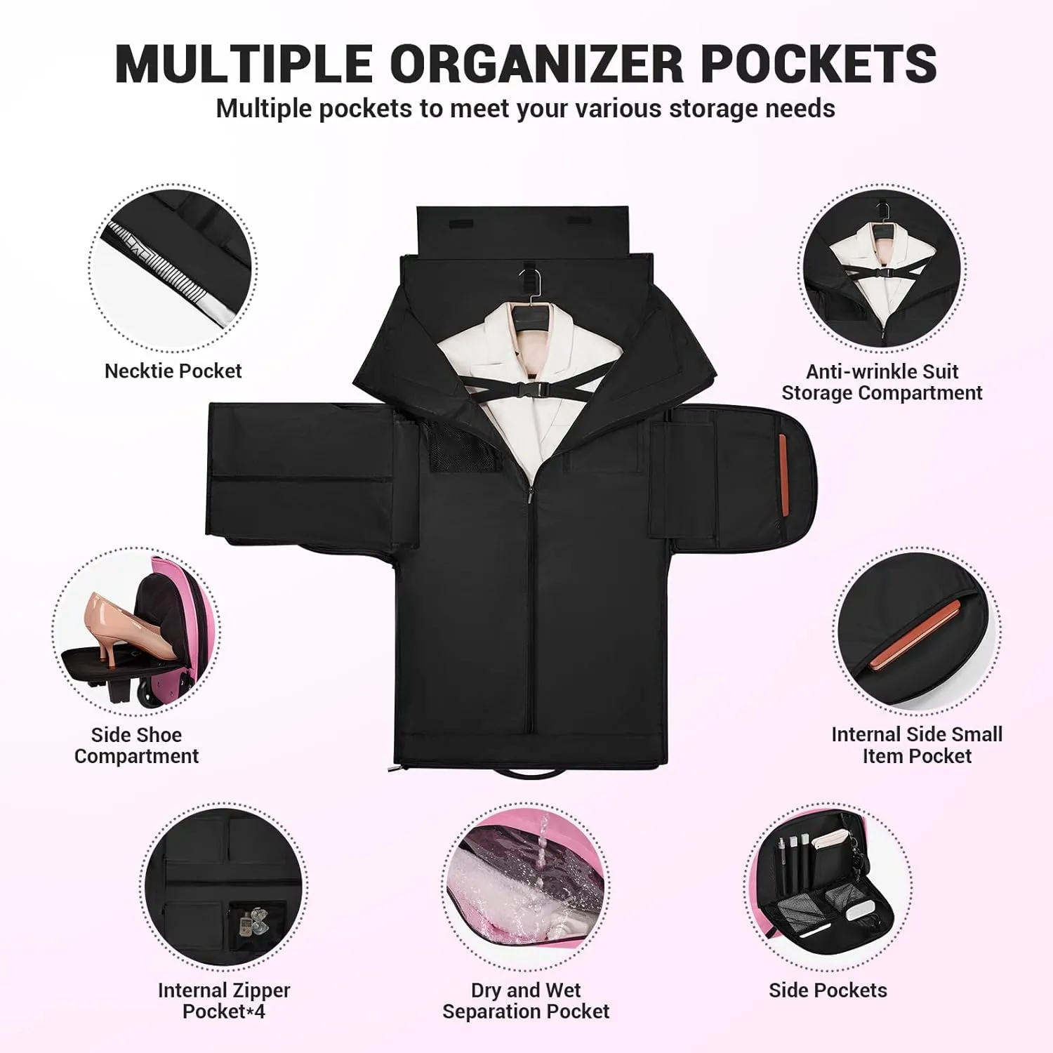 Rolling Garment Bags for Travel, 59L Rolling Duffle Bag with Wheels and Shoe Compartment for Men and Women, 3 in 1 Carry on Convertible Travel Garment Bag with Wheels, Pink