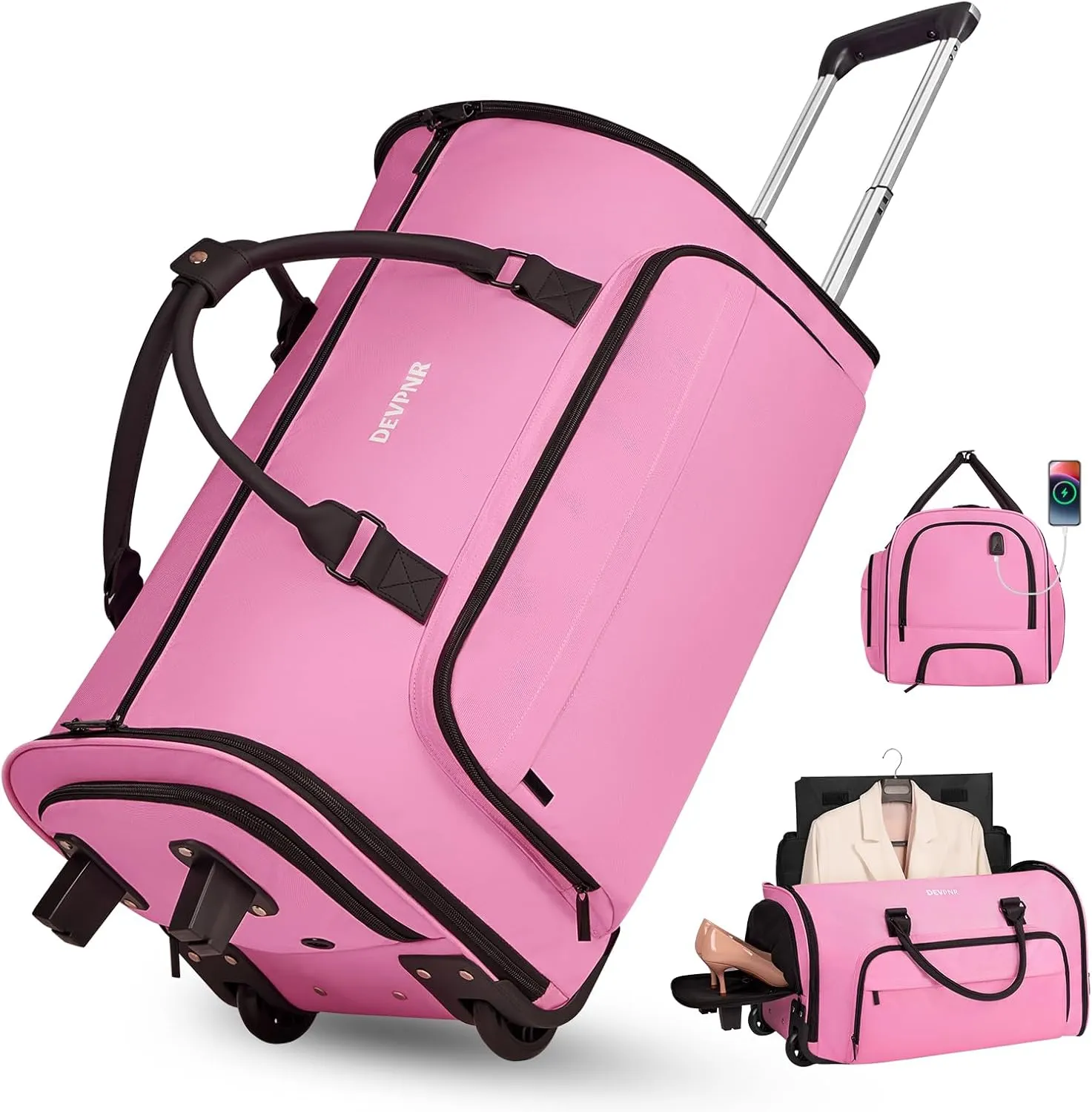 Rolling Garment Bags for Travel, 59L Rolling Duffle Bag with Wheels and Shoe Compartment for Men and Women, 3 in 1 Carry on Convertible Travel Garment Bag with Wheels, Pink