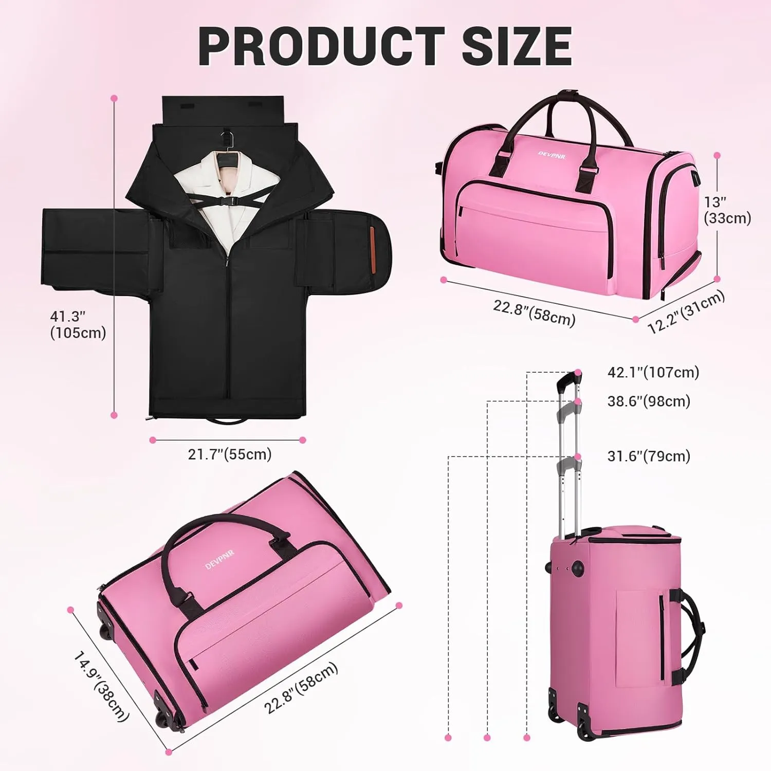 Rolling Garment Bags for Travel, 59L Rolling Duffle Bag with Wheels and Shoe Compartment for Men and Women, 3 in 1 Carry on Convertible Travel Garment Bag with Wheels, Pink