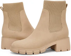 Ruanyu Womens Platform Ankle Boots Elastic Chunky Block Heel Chelsea Booties Lug Sole Non-Slip Combat Shoes