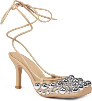 Saint Leia Women's 4IN High Heel Sandals Nude Stiletto Pumps with Gold Silver Pearls Heels for Weddings Parties and Evening Wear
