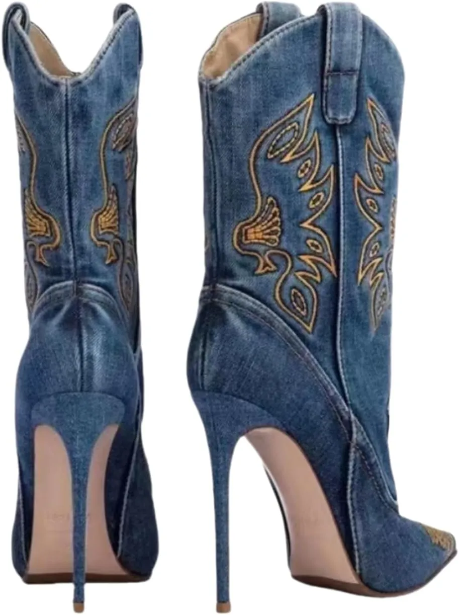 Saint Leia Women's Embroidered Western Cowboy Stiletto Heel Boots Pointed Toe Pull-Up Tabs Classic Cowgirl Dress Boot