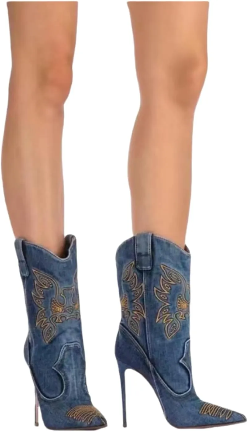 Saint Leia Women's Embroidered Western Cowboy Stiletto Heel Boots Pointed Toe Pull-Up Tabs Classic Cowgirl Dress Boot