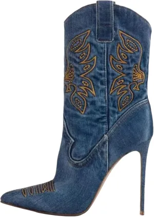 Saint Leia Women's Embroidered Western Cowboy Stiletto Heel Boots Pointed Toe Pull-Up Tabs Classic Cowgirl Dress Boot