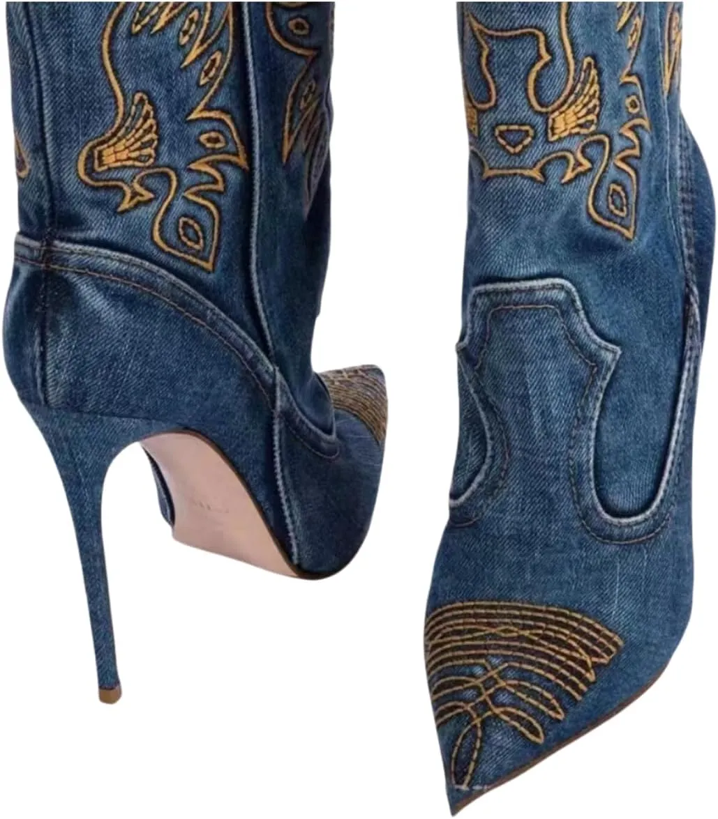 Saint Leia Women's Embroidered Western Cowboy Stiletto Heel Boots Pointed Toe Pull-Up Tabs Classic Cowgirl Dress Boot