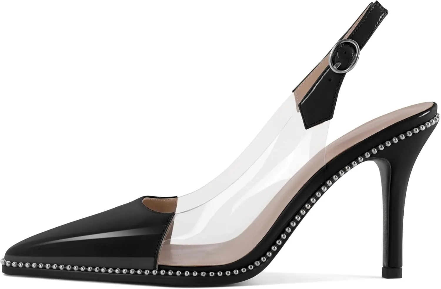 SAMMITOP Slingback Heels for Women Pointed Toe Stiletto High Heel Clear Pumps Silver Beaded Slip On Party Prom Dress Shoes 3.5 Inch