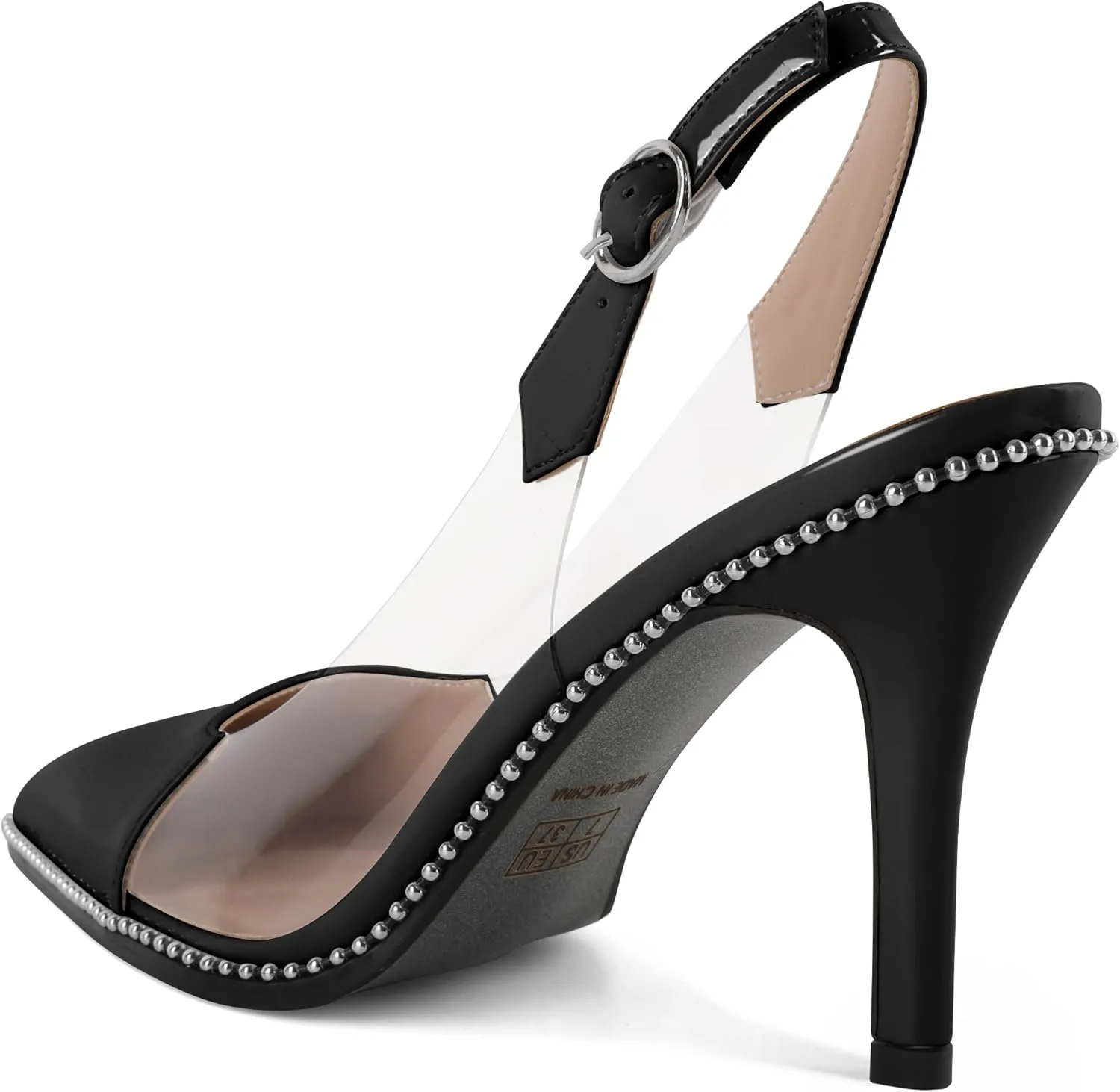 SAMMITOP Slingback Heels for Women Pointed Toe Stiletto High Heel Clear Pumps Silver Beaded Slip On Party Prom Dress Shoes 3.5 Inch