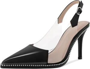 SAMMITOP Slingback Heels for Women Pointed Toe Stiletto High Heel Clear Pumps Silver Beaded Slip On Party Prom Dress Shoes 3.5 Inch
