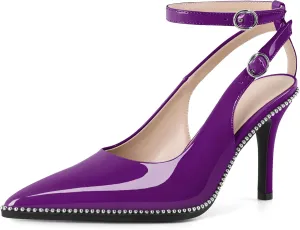 SAMMITOP Women's Slingback Stilettos High Heel Beaded Pumps Pointed Toe Strappy Ankle Strap Dress Shoes 3.5 Inch