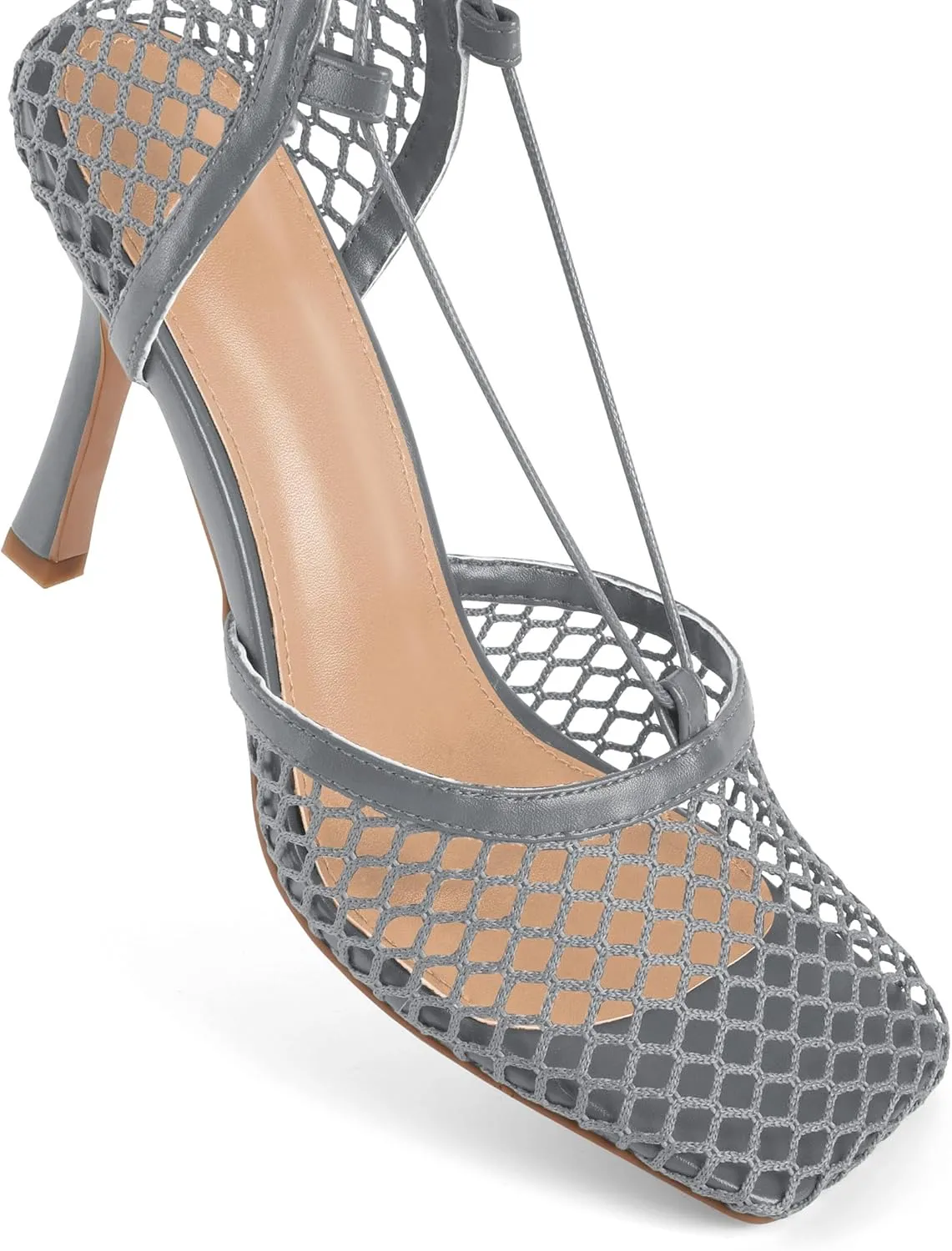 SAMMITOP Women's Square Toe Mesh Lace Up Strappy Sexy Heels Sandals Stiletto High Heel Closed Toe Summer Dress Shoes 3.5 Inch