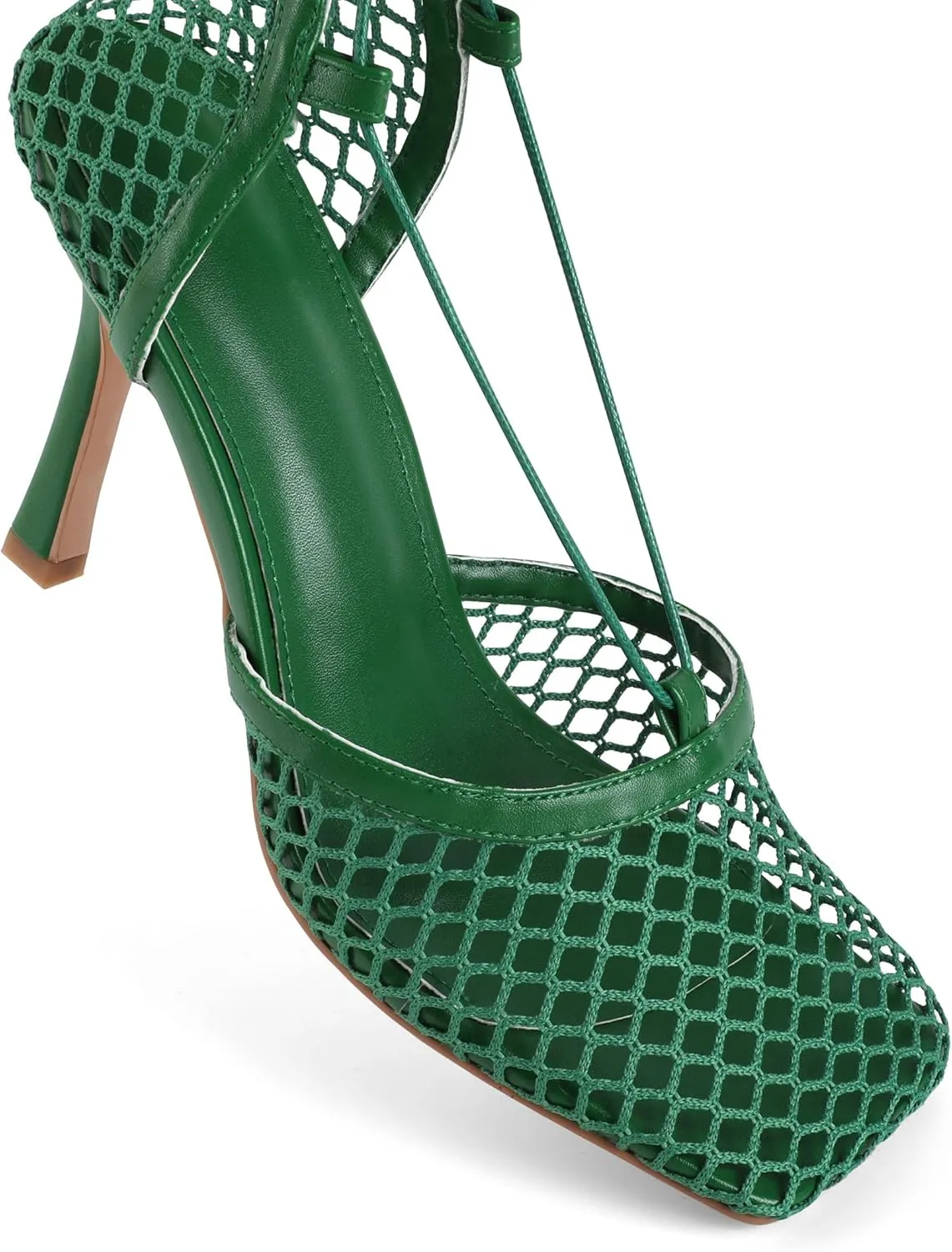 SAMMITOP Women's Square Toe Mesh Lace Up Strappy Sexy Heels Sandals Stiletto High Heel Closed Toe Summer Dress Shoes 3.5 Inch