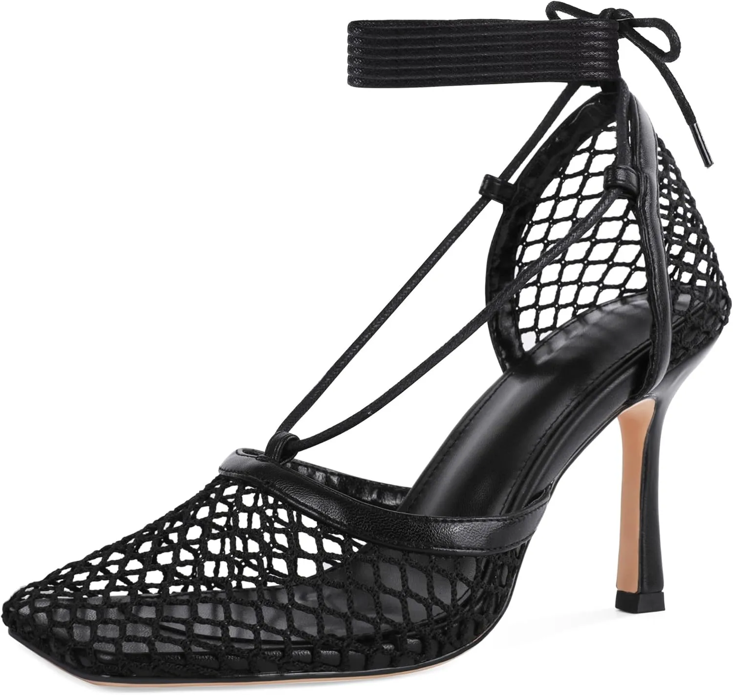 SAMMITOP Women's Square Toe Mesh Lace Up Strappy Sexy Heels Sandals Stiletto High Heel Closed Toe Summer Dress Shoes 3.5 Inch