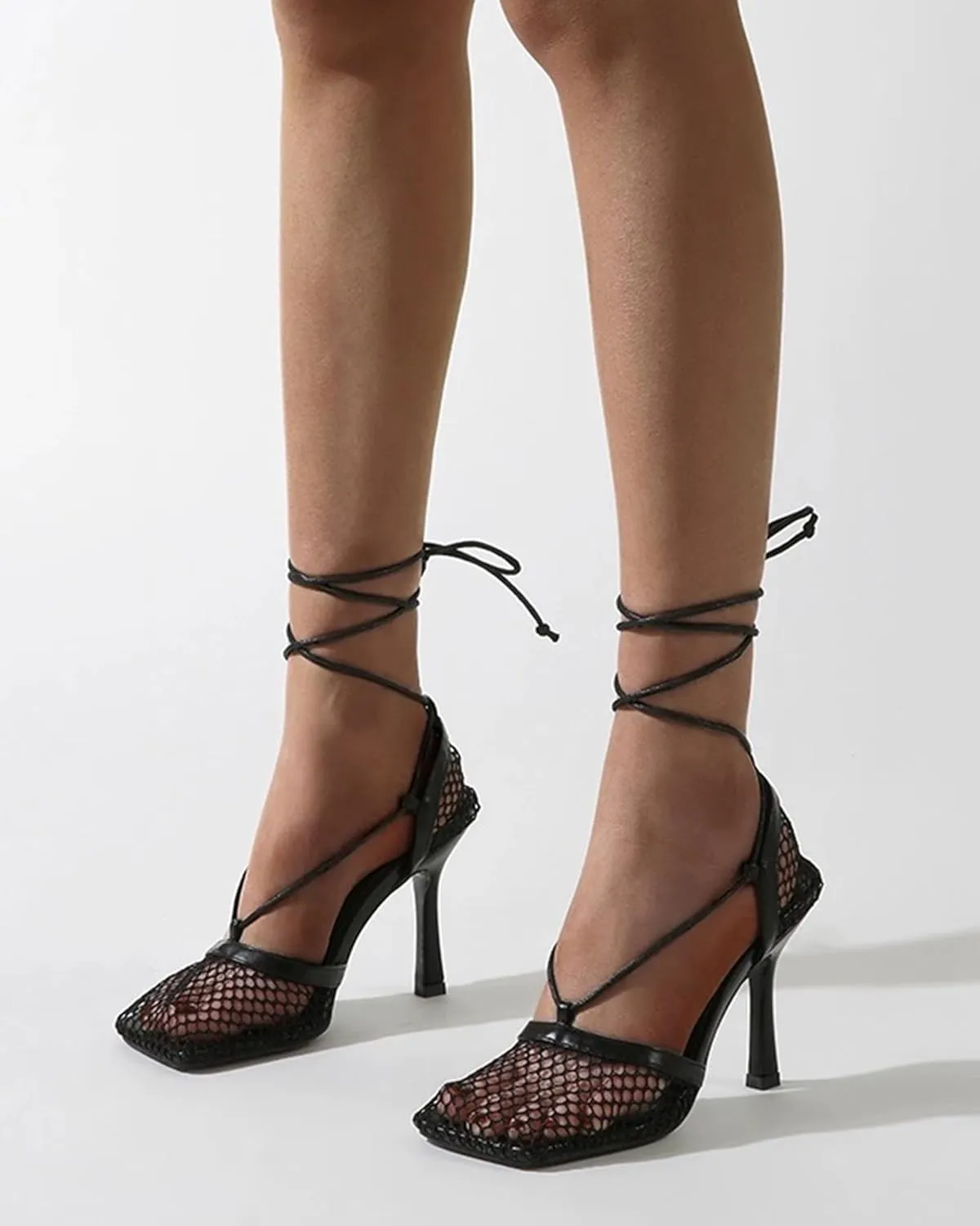 SAMMITOP Women's Square Toe Mesh Lace Up Strappy Sexy Heels Sandals Stiletto High Heel Closed Toe Summer Dress Shoes 3.5 Inch