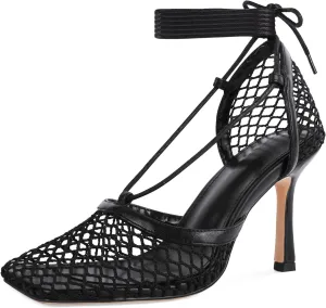 SAMMITOP Women's Square Toe Mesh Lace Up Strappy Sexy Heels Sandals Stiletto High Heel Closed Toe Summer Dress Shoes 3.5 Inch