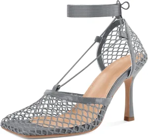SAMMITOP Women's Square Toe Mesh Lace Up Strappy Sexy Heels Sandals Stiletto High Heel Closed Toe Summer Dress Shoes 3.5 Inch