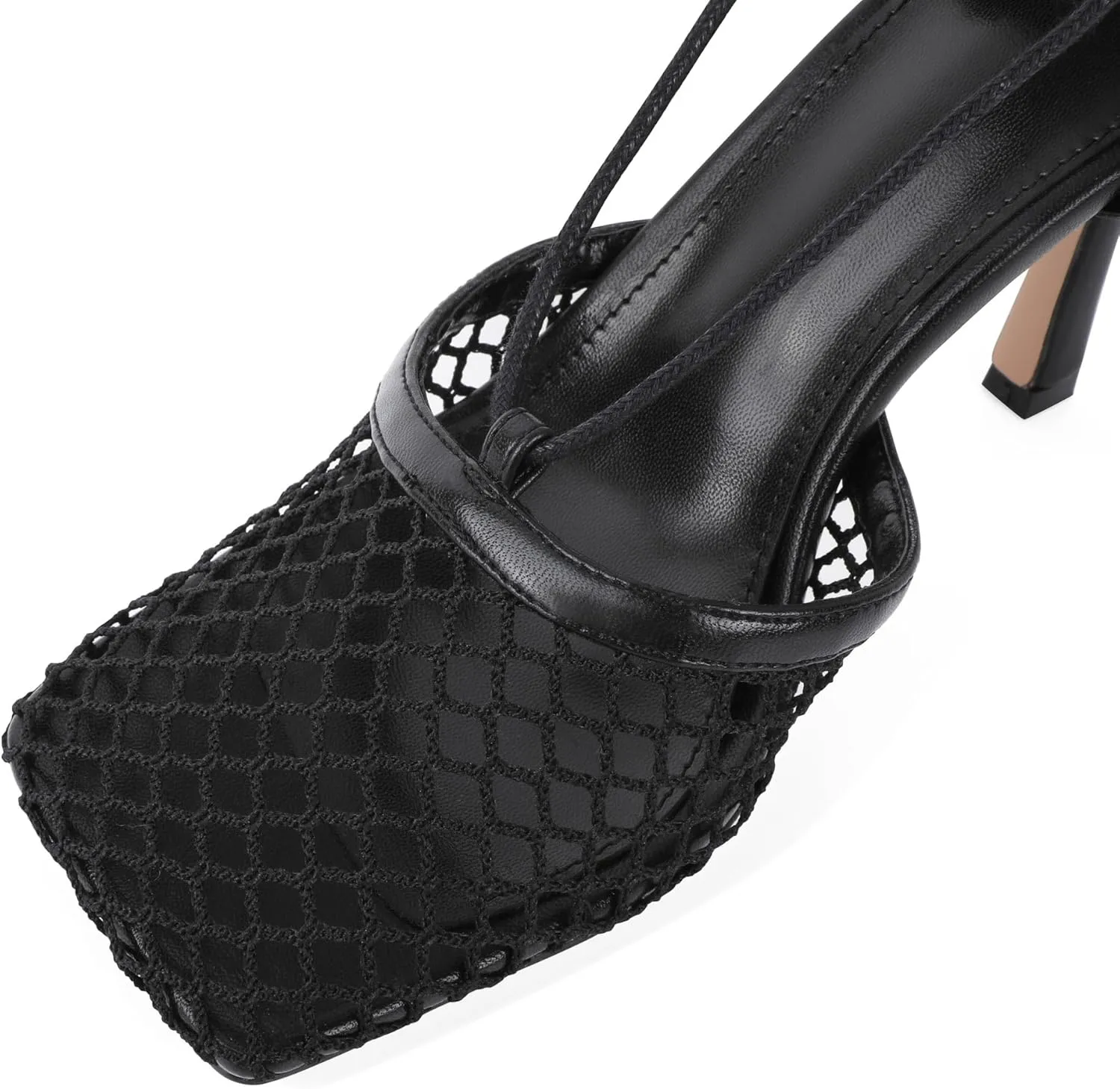 SAMMITOP Women's Square Toe Mesh Lace Up Strappy Sexy Heels Sandals Stiletto High Heel Closed Toe Summer Dress Shoes 3.5 Inch