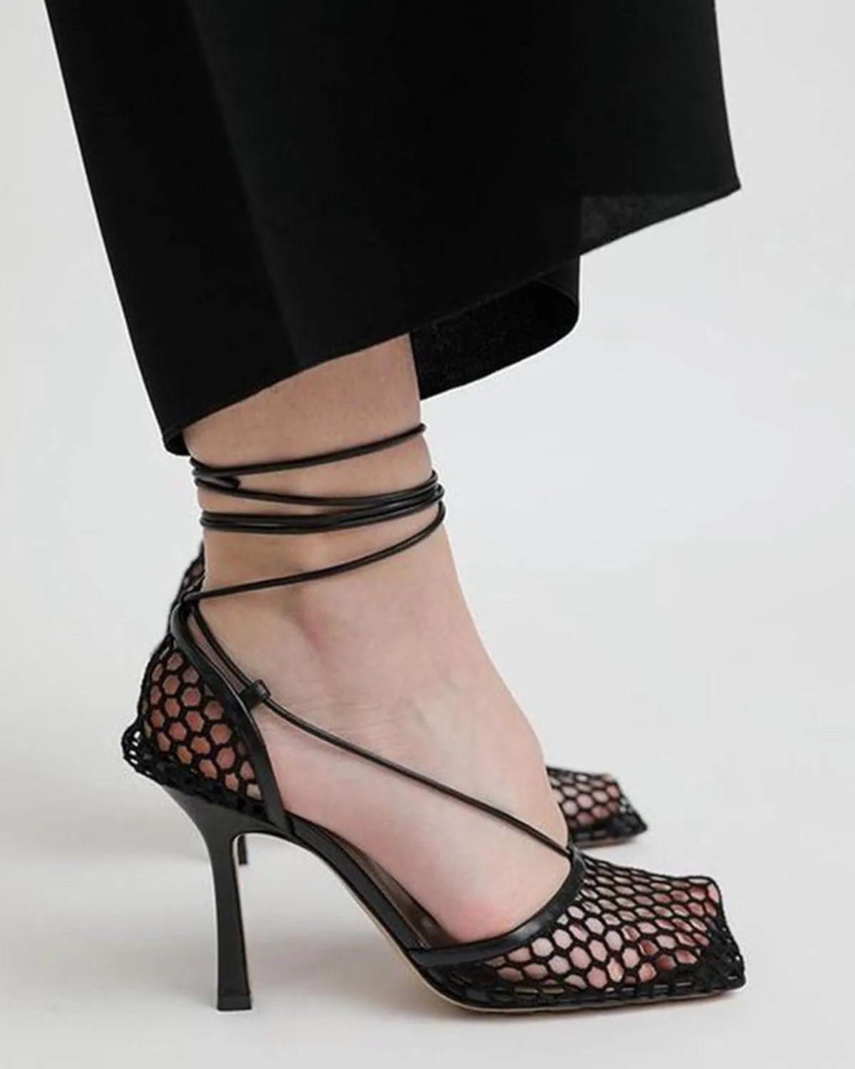 SAMMITOP Women's Square Toe Mesh Lace Up Strappy Sexy Heels Sandals Stiletto High Heel Closed Toe Summer Dress Shoes 3.5 Inch