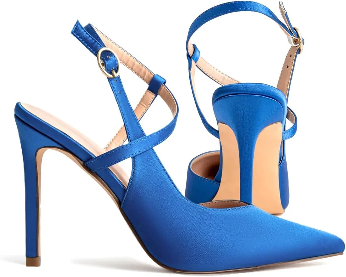 Satin Stiletto Heels for Women Closed Pointed Toe High Heel Slingback Ankle Strap Pumps Sandals for Wedding Bride Dress