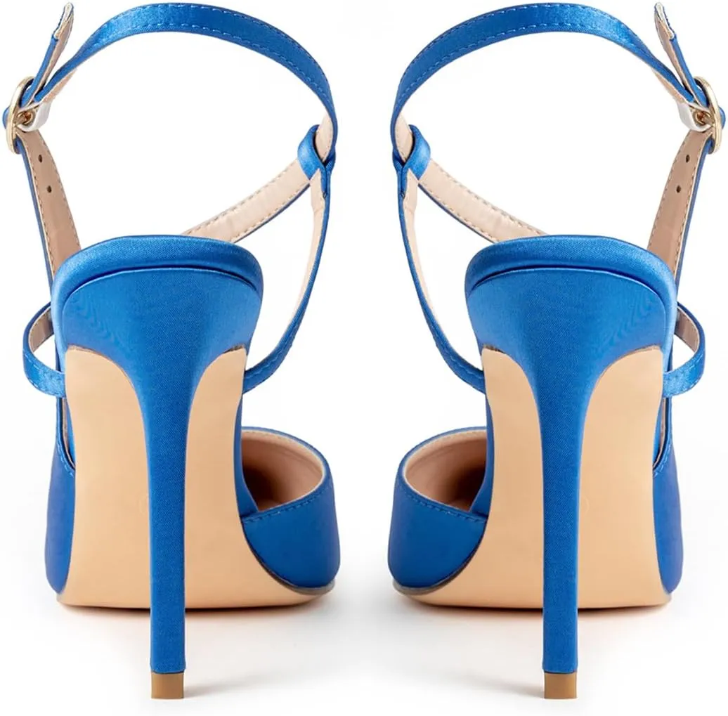 Satin Stiletto Heels for Women Closed Pointed Toe High Heel Slingback Ankle Strap Pumps Sandals for Wedding Bride Dress