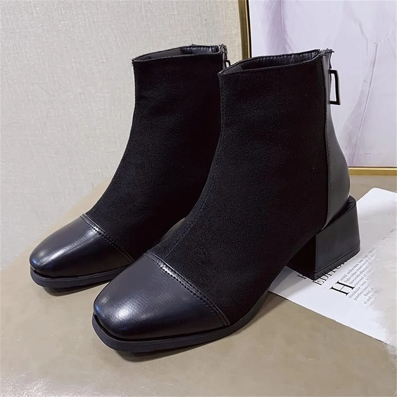 SBGMoSJ Women's Ankle Boots & Booties 7.5 Wide Blue Ankle Booties for Women Dressy V Cutout Ankle Boots for Women Beige Booties for Women Chunky Heel Red Cowboy Booties Women Ankle Boots