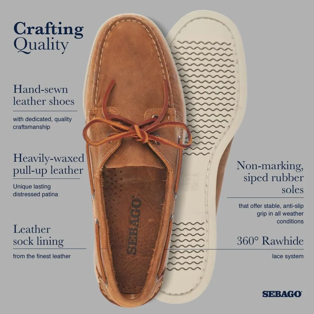 Sebago Portland Crazy H Boat Shoes - Patterned & Distressed Waxed Leather Mocassins with Leather Sock Lining & Non-Marking, Non-Slip Rubber Outsoles