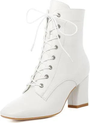 SEIFIN Women's Square Toe Chunky Heels Ankle Boots Block High Heeled Lace Up Short Booties Shoes