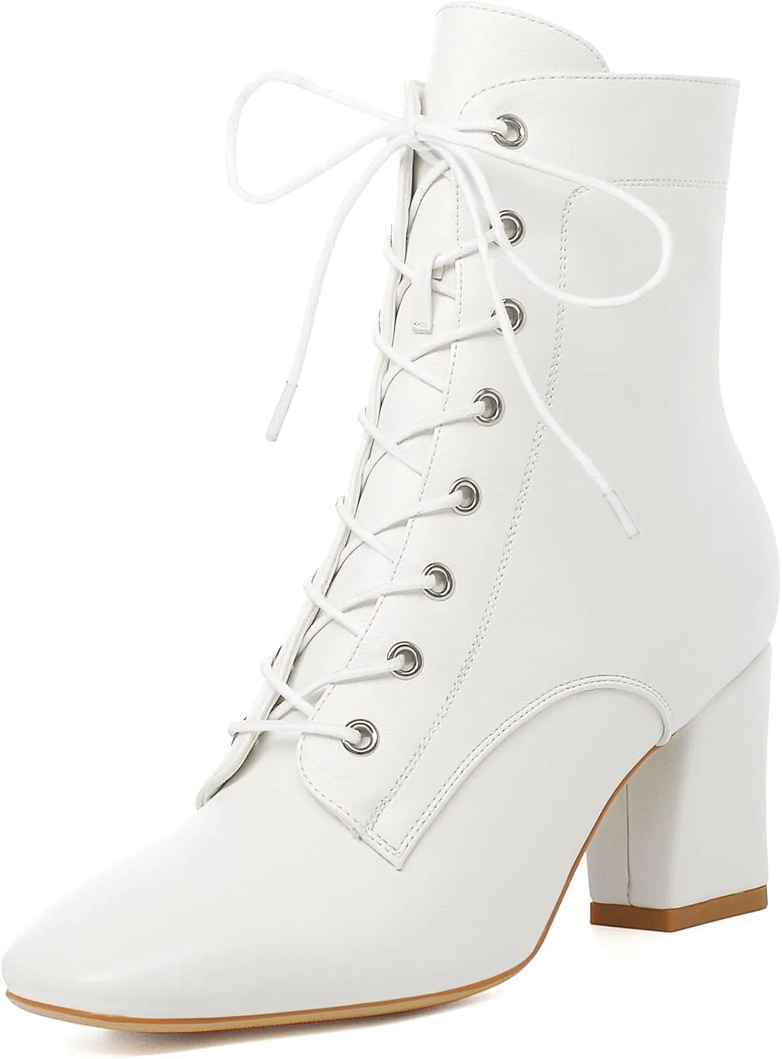 SEIFIN Women's Square Toe Chunky Heels Ankle Boots Block High Heeled Lace Up Short Booties Shoes