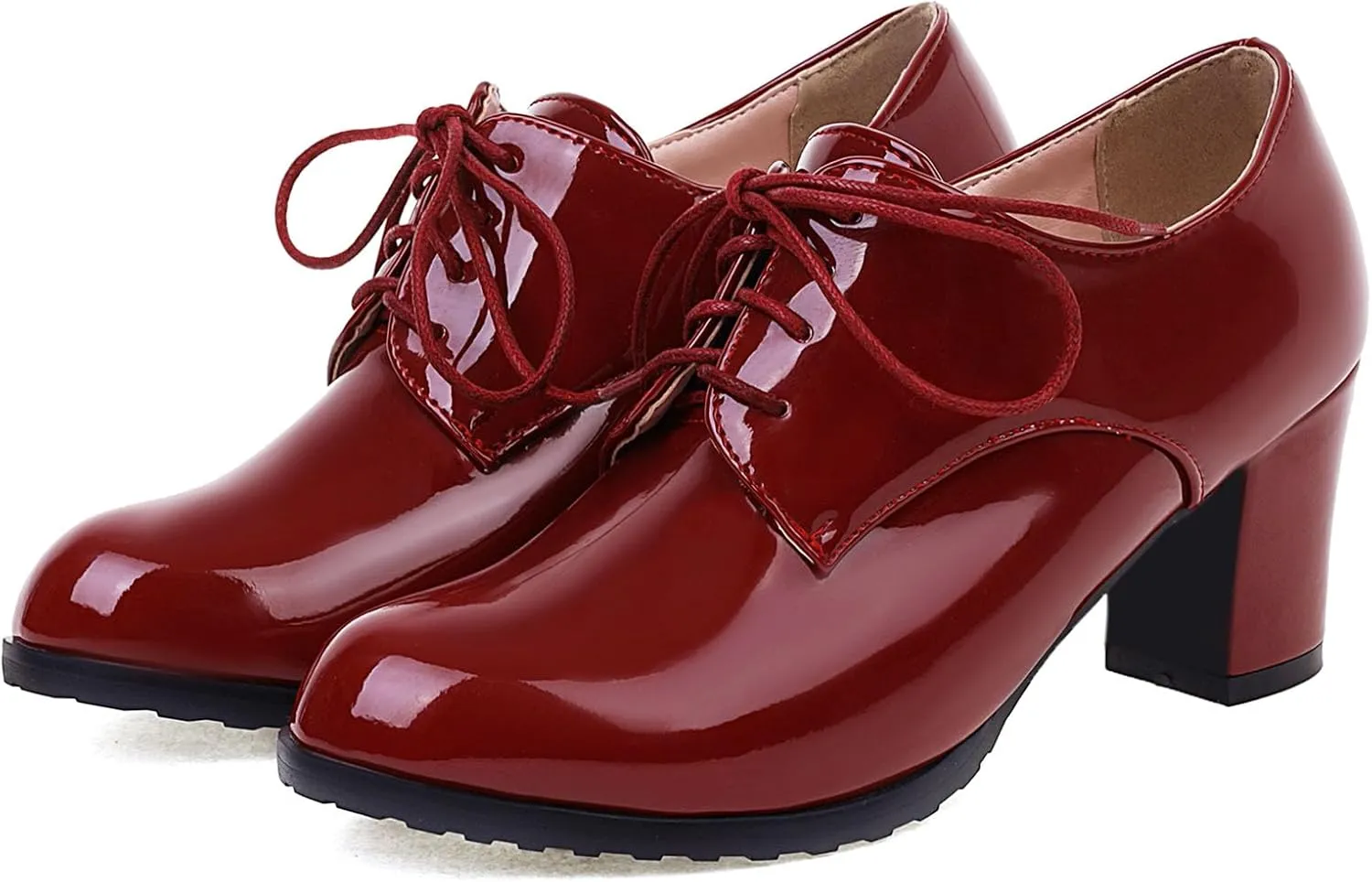 SHEMEE Patent Leather Oxfords for Women Chunky Block Heels Brogues Round Toe Lace Up Pumps Work Office Dress Shoes