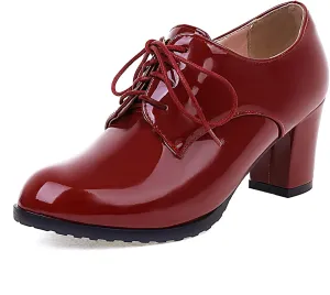 SHEMEE Patent Leather Oxfords for Women Chunky Block Heels Brogues Round Toe Lace Up Pumps Work Office Dress Shoes