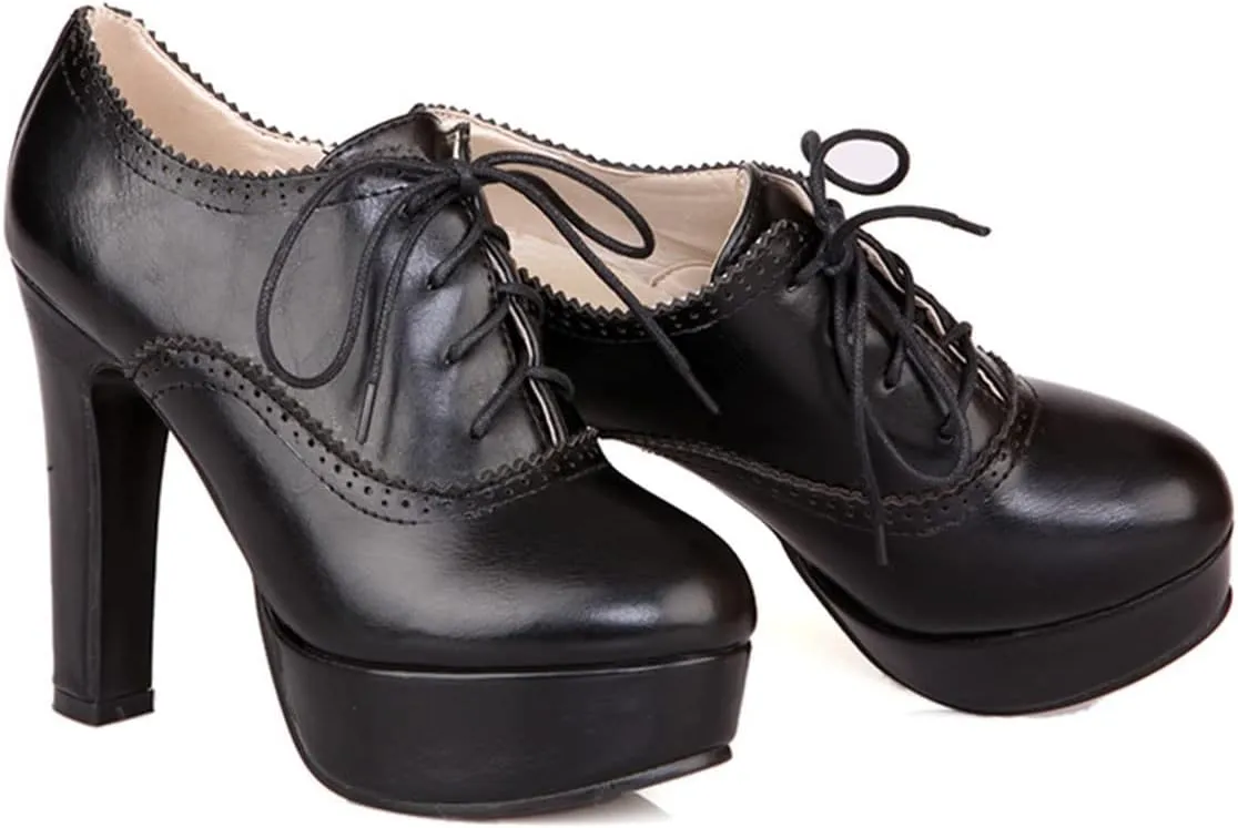 SHEMEE Womens Block Heel Platform Lace Up Pumps Oxford High Heels Ankle Booties Brogue Wingtip Vintage Dress Shoes