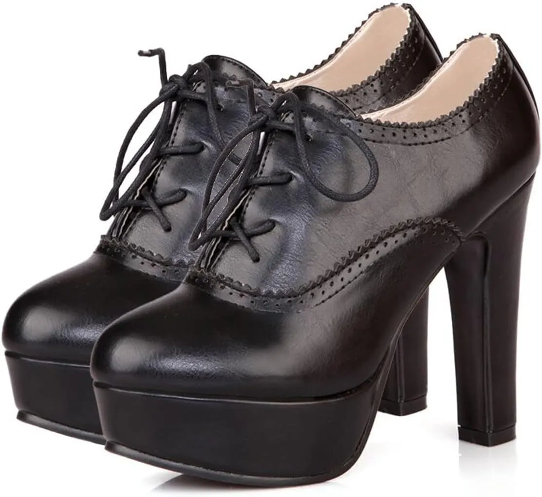 SHEMEE Womens Block Heel Platform Lace Up Pumps Oxford High Heels Ankle Booties Brogue Wingtip Vintage Dress Shoes