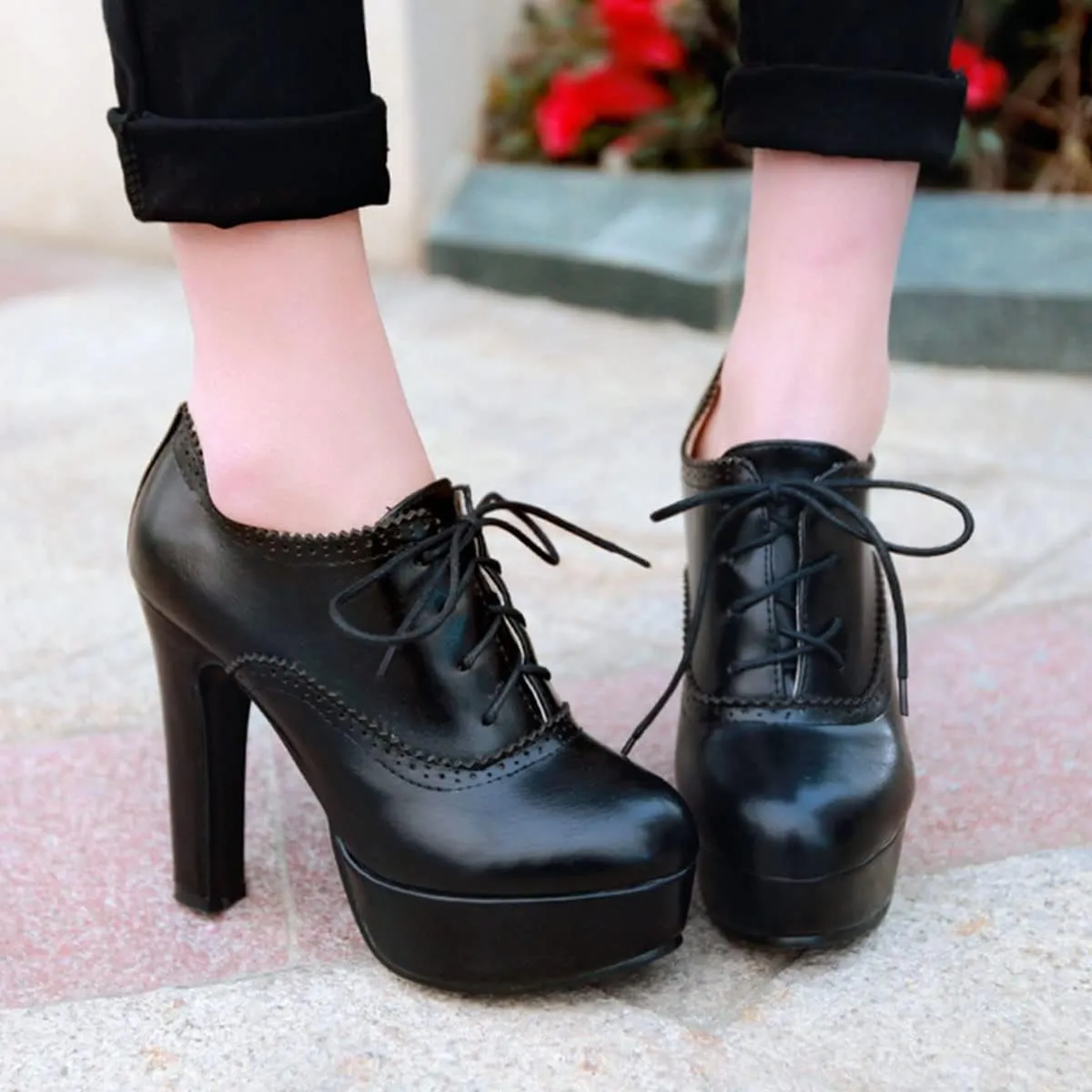 SHEMEE Womens Block Heel Platform Lace Up Pumps Oxford High Heels Ankle Booties Brogue Wingtip Vintage Dress Shoes