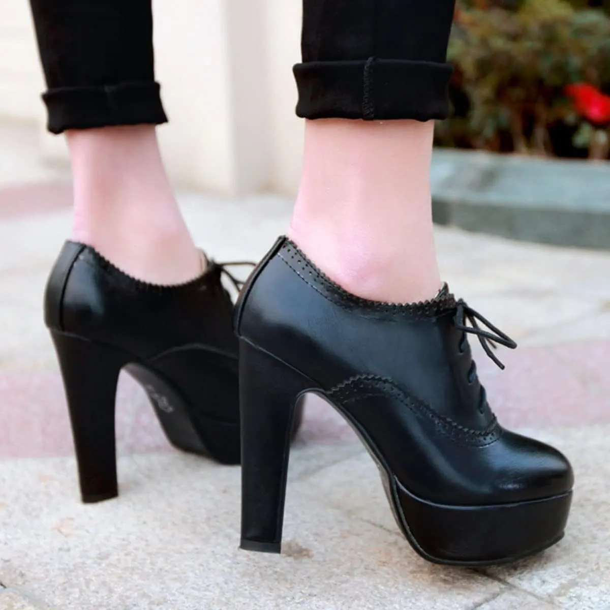 SHEMEE Womens Block Heel Platform Lace Up Pumps Oxford High Heels Ankle Booties Brogue Wingtip Vintage Dress Shoes