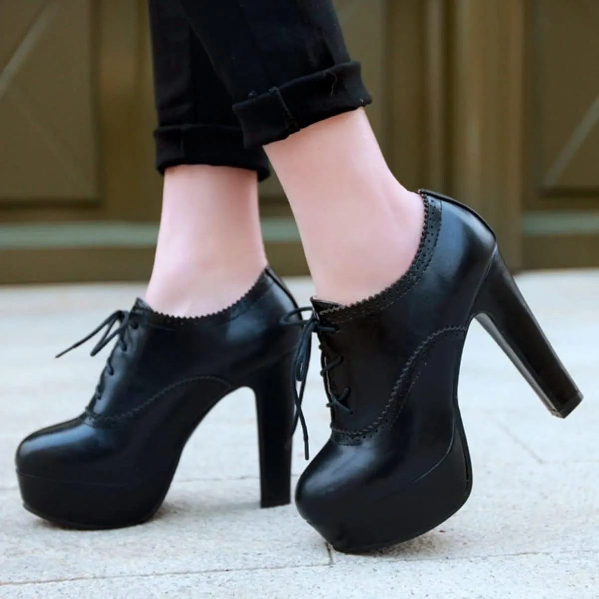 SHEMEE Womens Block Heel Platform Lace Up Pumps Oxford High Heels Ankle Booties Brogue Wingtip Vintage Dress Shoes