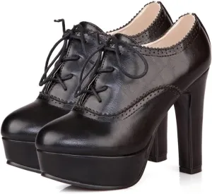 SHEMEE Womens Block Heel Platform Lace Up Pumps Oxford High Heels Ankle Booties Brogue Wingtip Vintage Dress Shoes