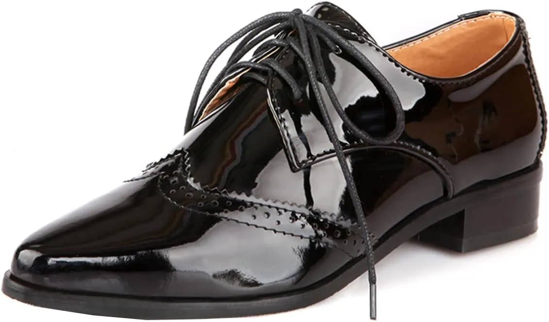 SHEMEE Women's Patent Leather Low Heels Vintage Wingtip Oxfords Pumps Lace Up Pointed Toe Flat Retro Brogues Dress Shoes