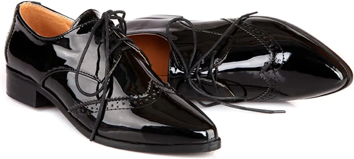 SHEMEE Women's Patent Leather Low Heels Vintage Wingtip Oxfords Pumps Lace Up Pointed Toe Flat Retro Brogues Dress Shoes