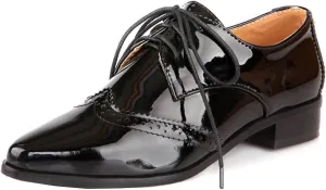 SHEMEE Women's Patent Leather Low Heels Vintage Wingtip Oxfords Pumps Lace Up Pointed Toe Flat Retro Brogues Dress Shoes