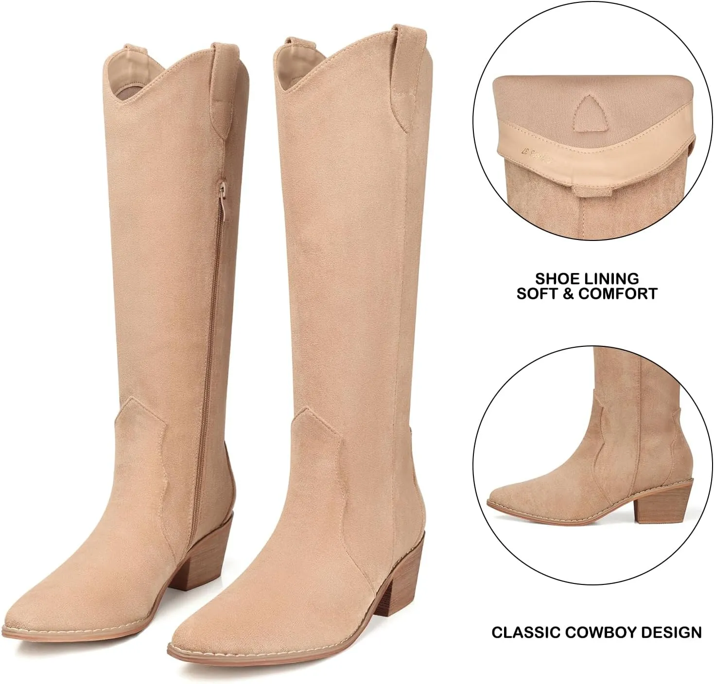 SHIBEVER Cowboy Boots for Women Knee High Suede Pointed Toe Cowgirl Boots Embroidered Pull-On Chunky Heel Western Boots