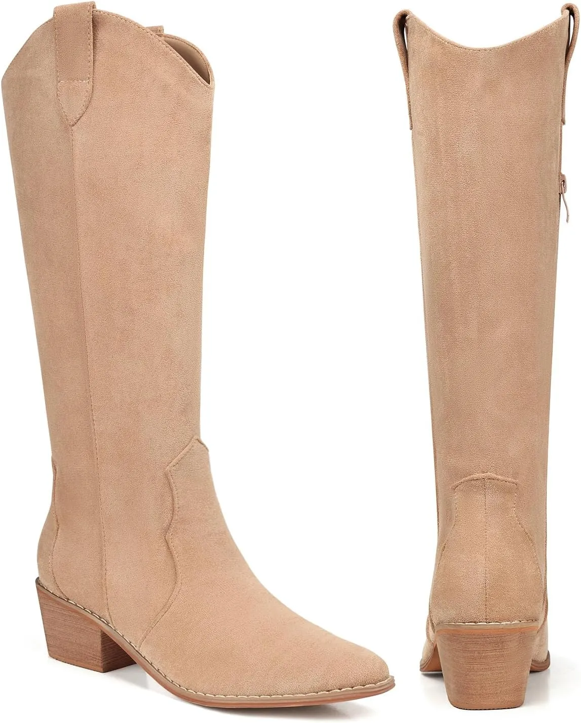 SHIBEVER Cowboy Boots for Women Knee High Suede Pointed Toe Cowgirl Boots Embroidered Pull-On Chunky Heel Western Boots