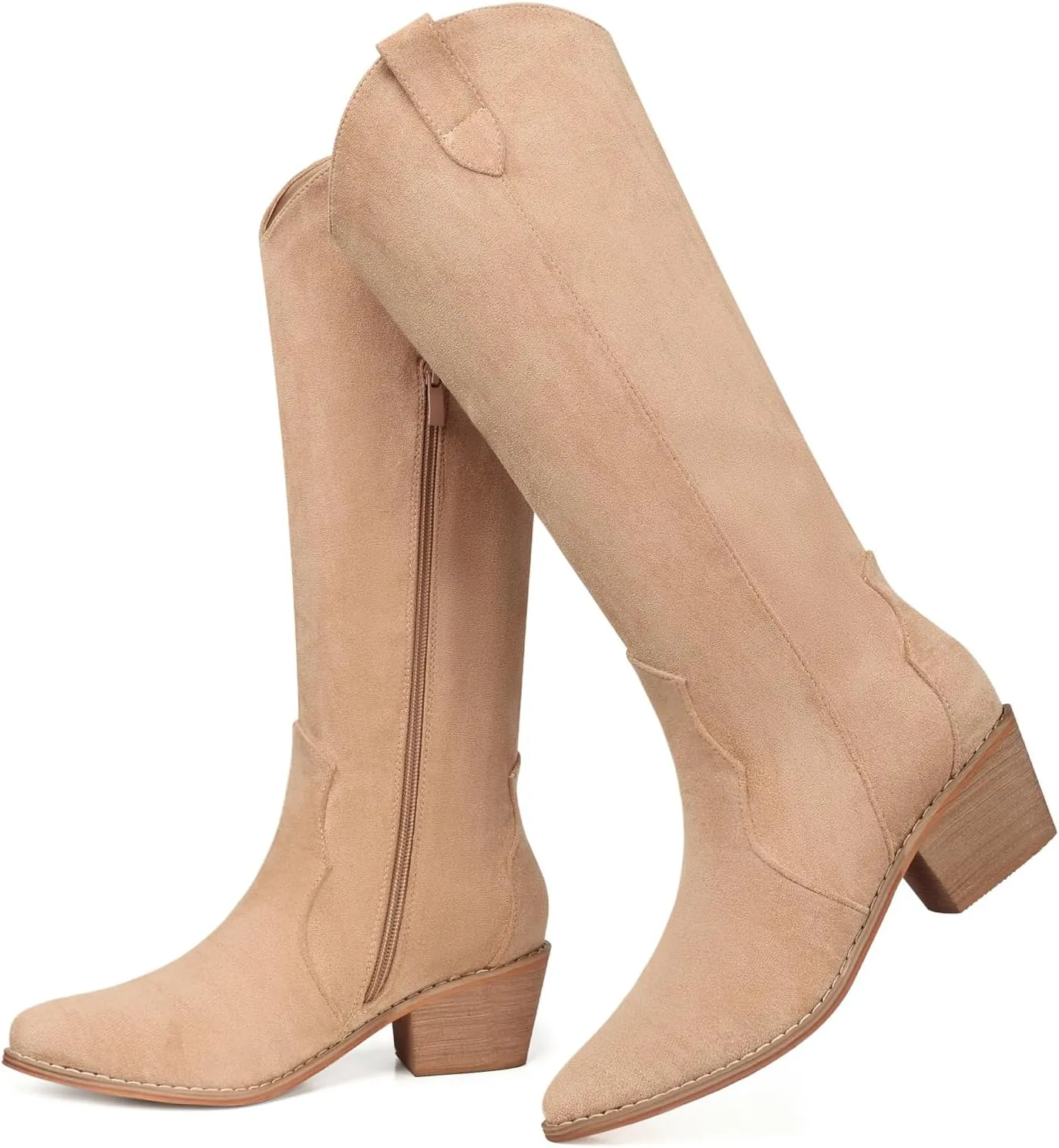 SHIBEVER Cowboy Boots for Women Knee High Suede Pointed Toe Cowgirl Boots Embroidered Pull-On Chunky Heel Western Boots