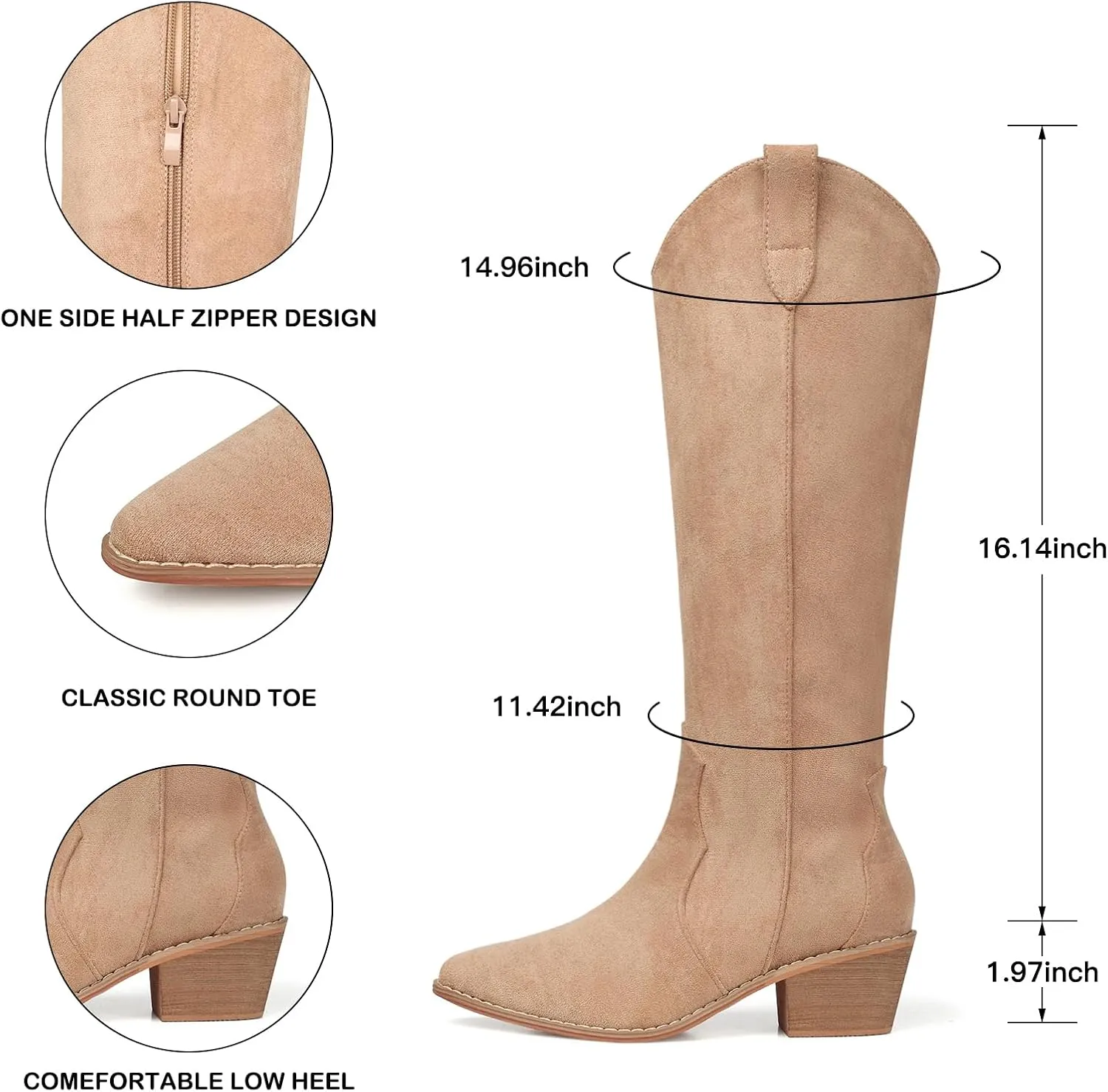 SHIBEVER Cowboy Boots for Women Knee High Suede Pointed Toe Cowgirl Boots Embroidered Pull-On Chunky Heel Western Boots